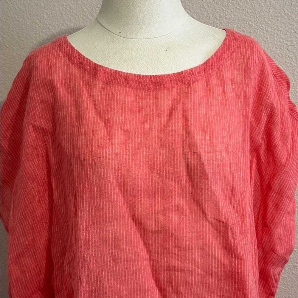 EILEEN FISHER Linen Gause Pinstriped HI Low Boxy Tunic Top Lightweight